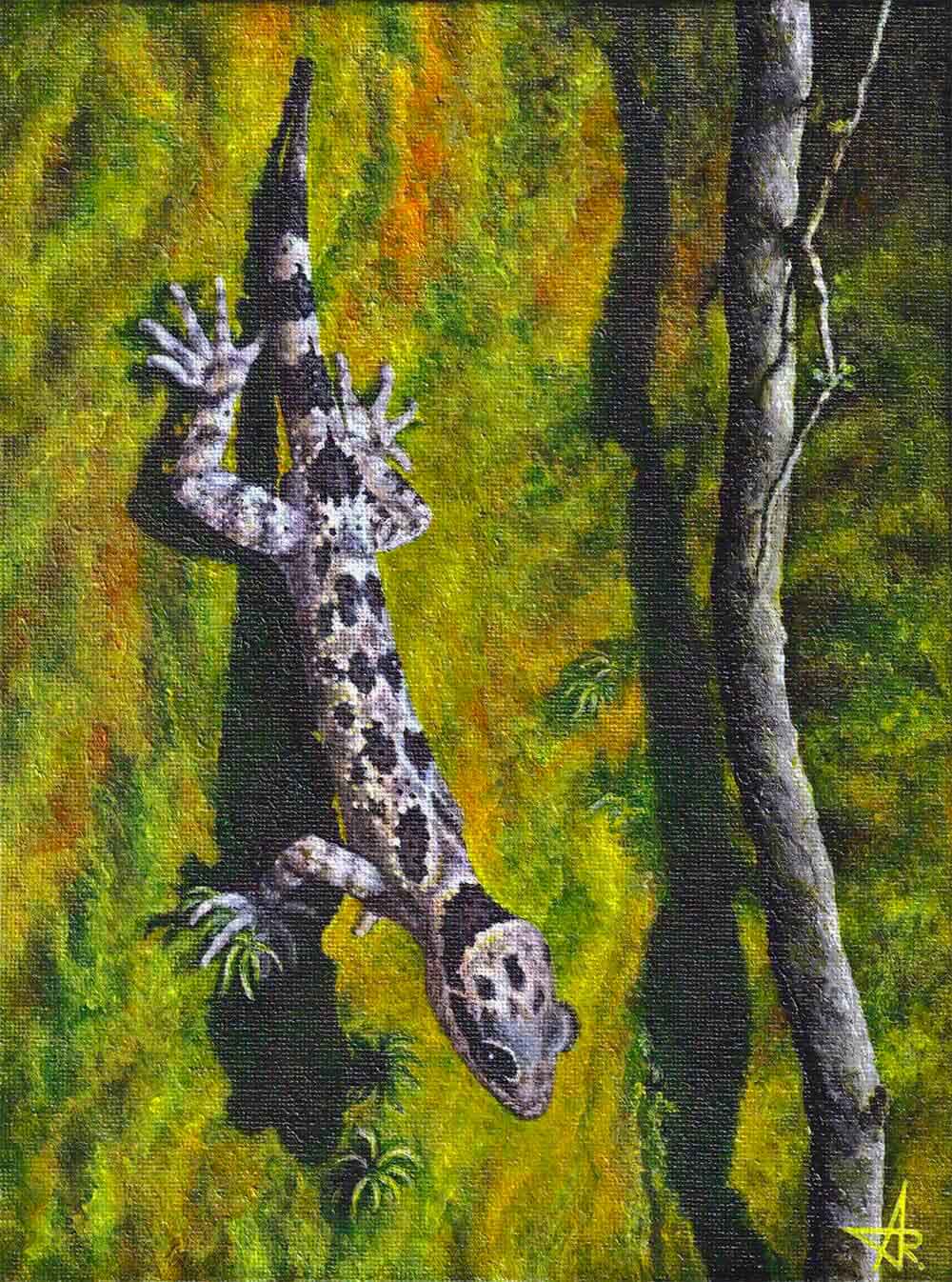 Mountain forest gecko (Cyrtodactylus bidoupimontis) 2022. Canvas on cardboard, acrylic. 24x18 cm