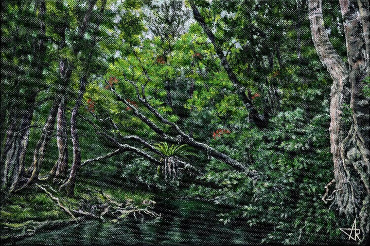 Dark green river 2022. Canvas, acrylic. 20x30 cm