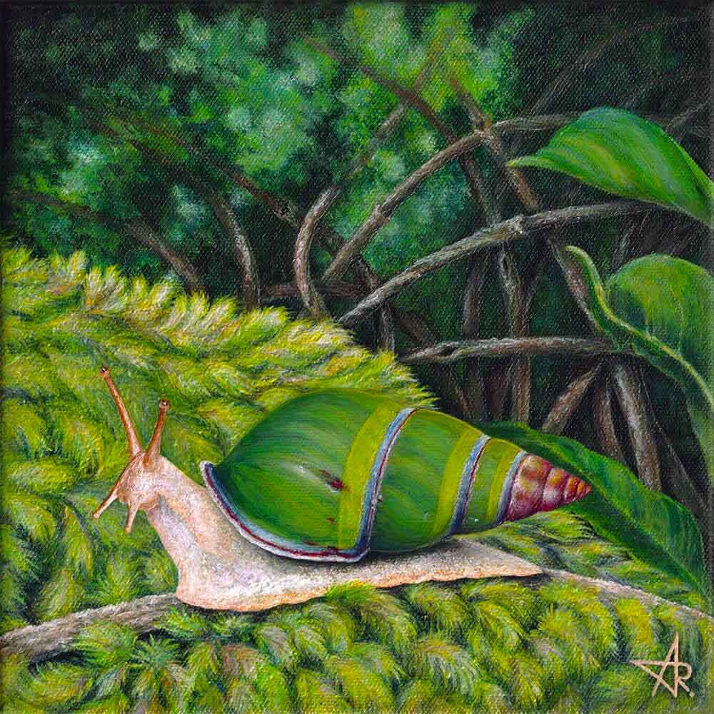 Green tree snail (Amphidromus sp.)2023. Canvas, acrylic. 20x20 cm