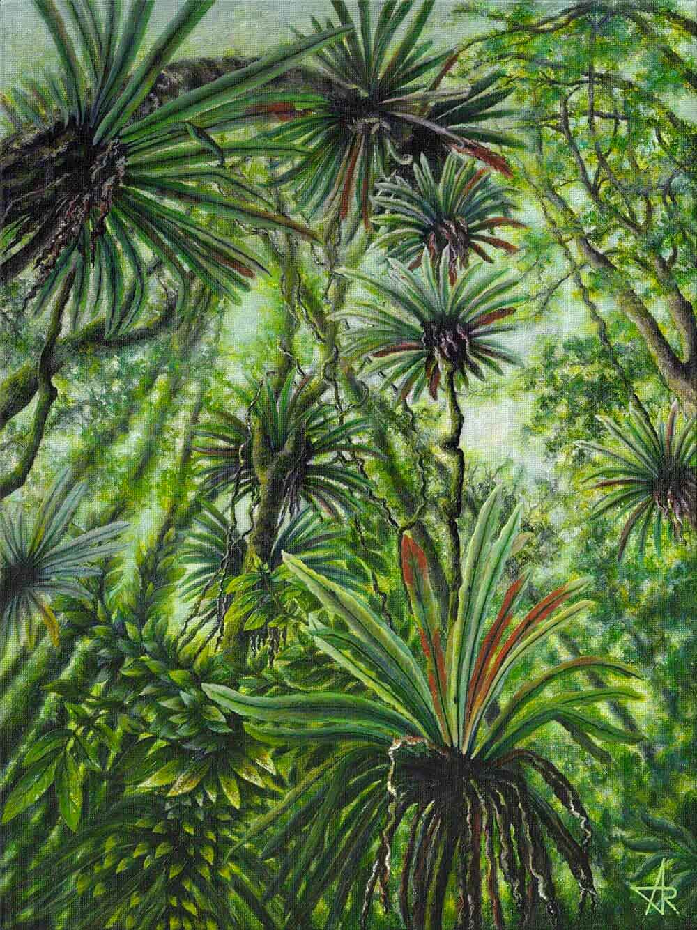 Forest of bird's-nest ferns (Asplenium nidus) 2023. Canvas on cardboard, acrylic. 40x30 cm